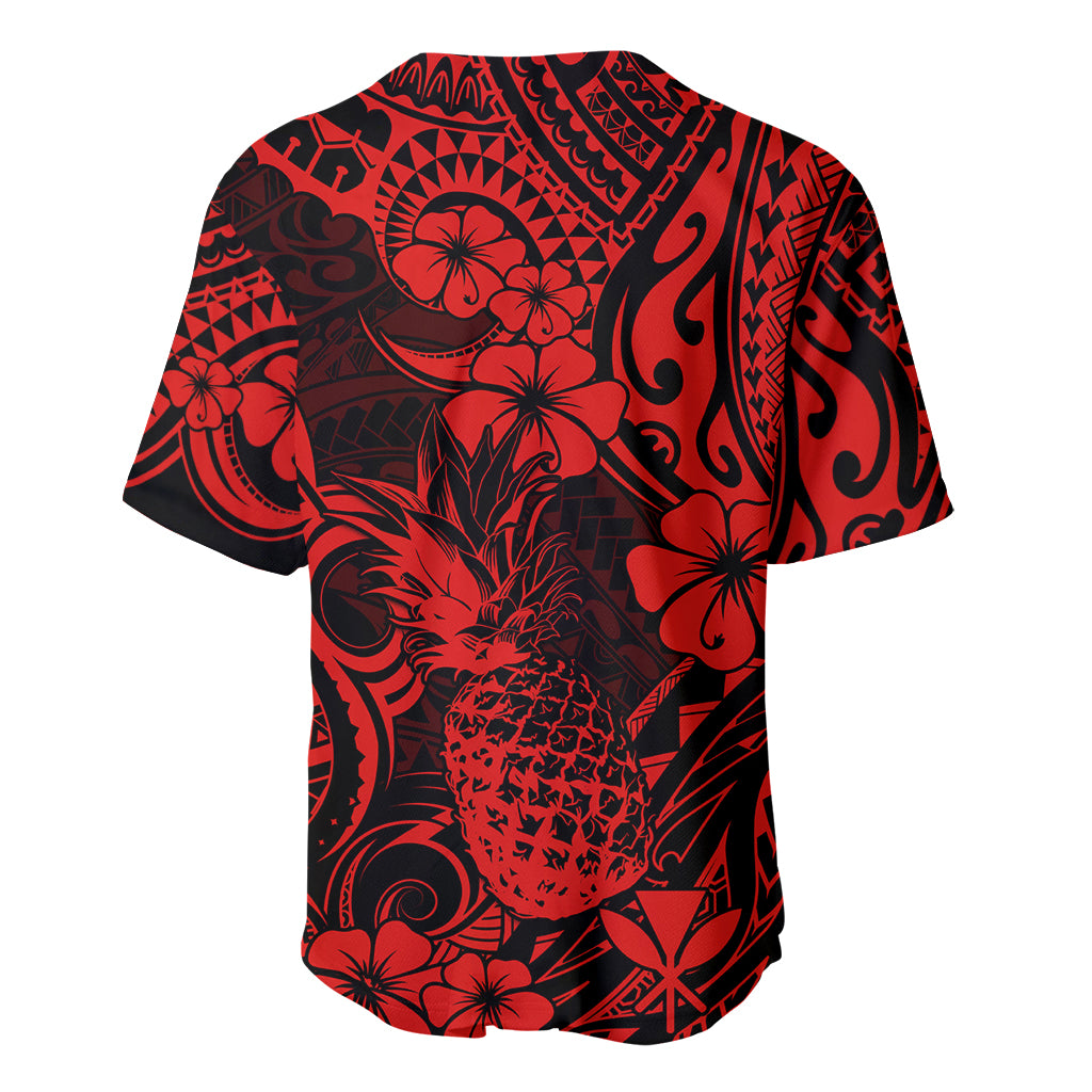 Back view red and black pineapple floral baseball jersey, short sleeves
