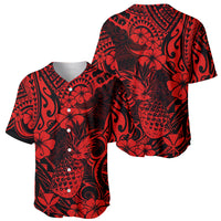 Red and black pineapple floral baseball jersey with open button placket and short sleeves