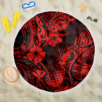Red & black pineapple beach blanket, circular with white fringe and hibiscus pattern