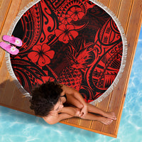 Circular beach blanket in red & black with white fringe, pineapple and tribal floral motif