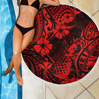 Red & black round pineapple beach blanket with white fringe, hibiscus and pineapple print