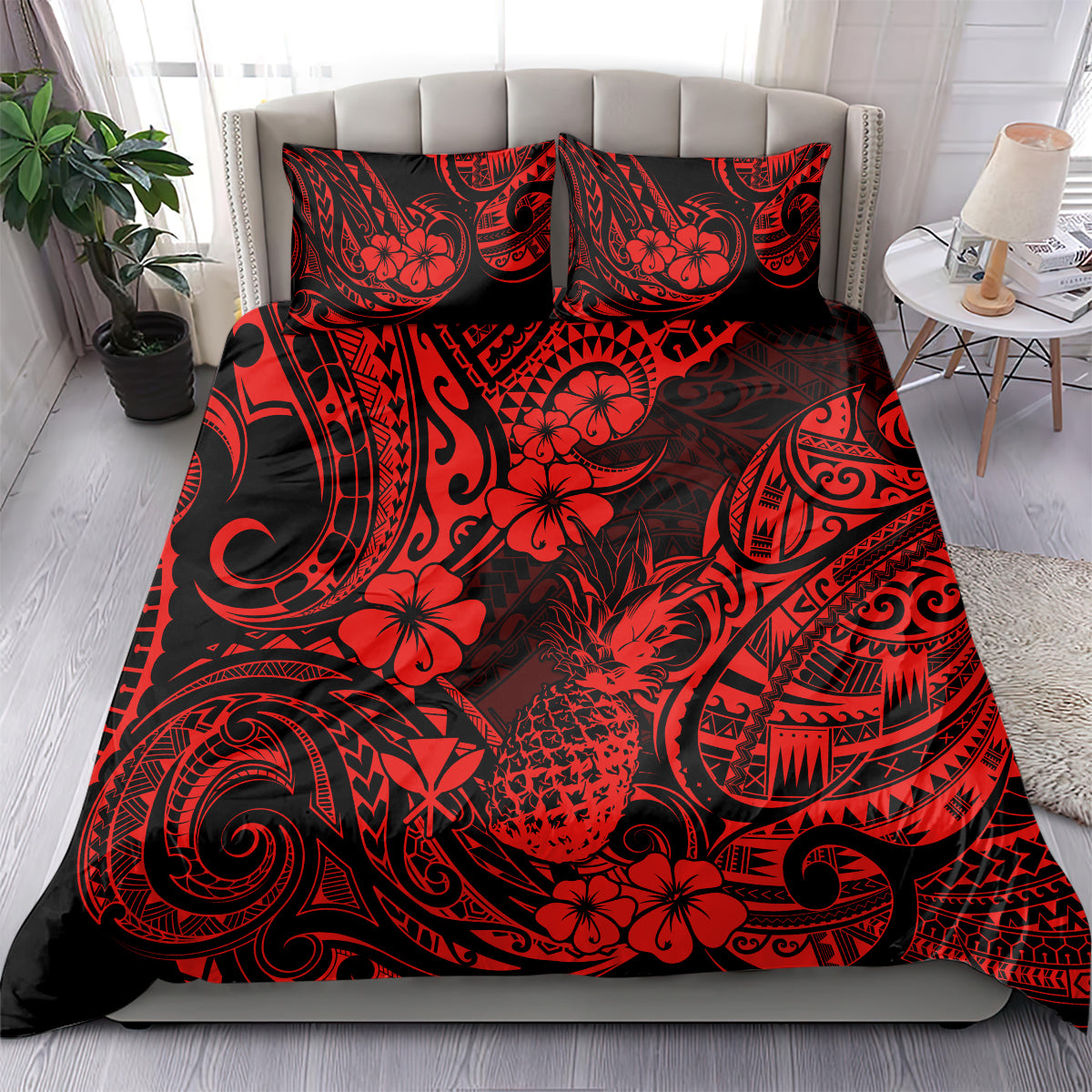 Red and black pineapple tribal bedding set with matching pillow shams and floral cover