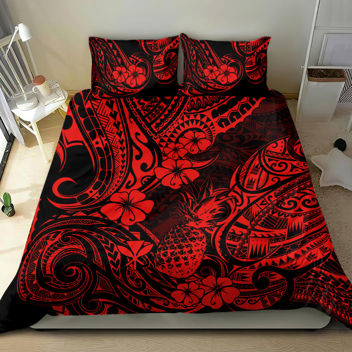 Red and black pineapple tribal bedding set with coordinated pillow shams and patterned cover