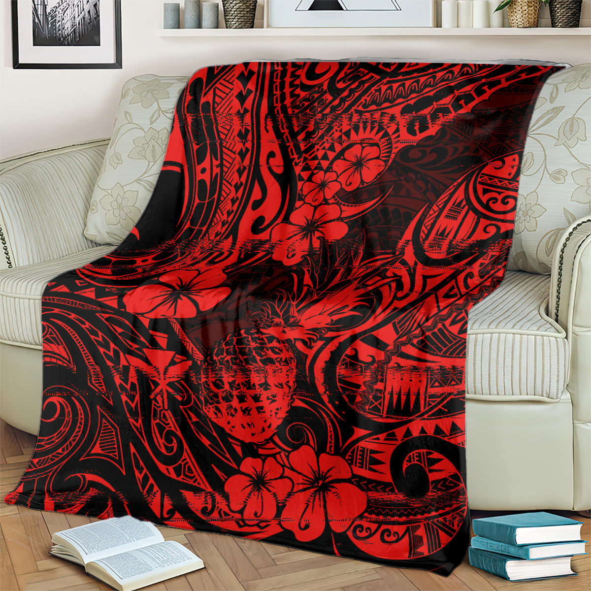 Red and black tropical pineapple-pattern throw blanket over couch