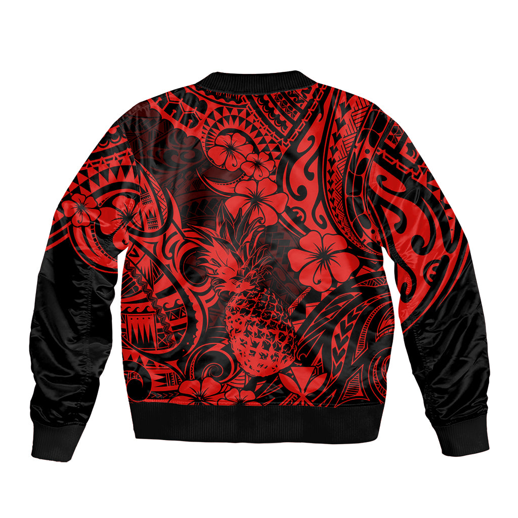 Red and black bomber jacket, full back tropical floral and tribal pattern, ribbed hem