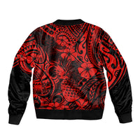 Red and black bomber jacket, full back tropical floral and tribal pattern, ribbed hem