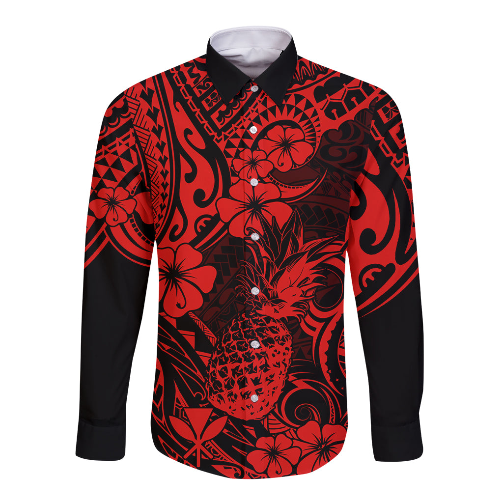 Red and black long-sleeve button shirt with Polynesian pineapple and floral pattern, front
