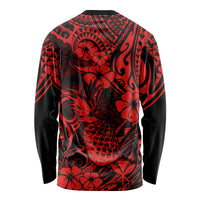 Red long-sleeve shirt back with black Polynesian pineapple floral pattern