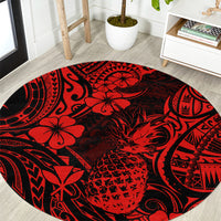 Red and black round area rug with pineapple and Polynesian tribal pattern