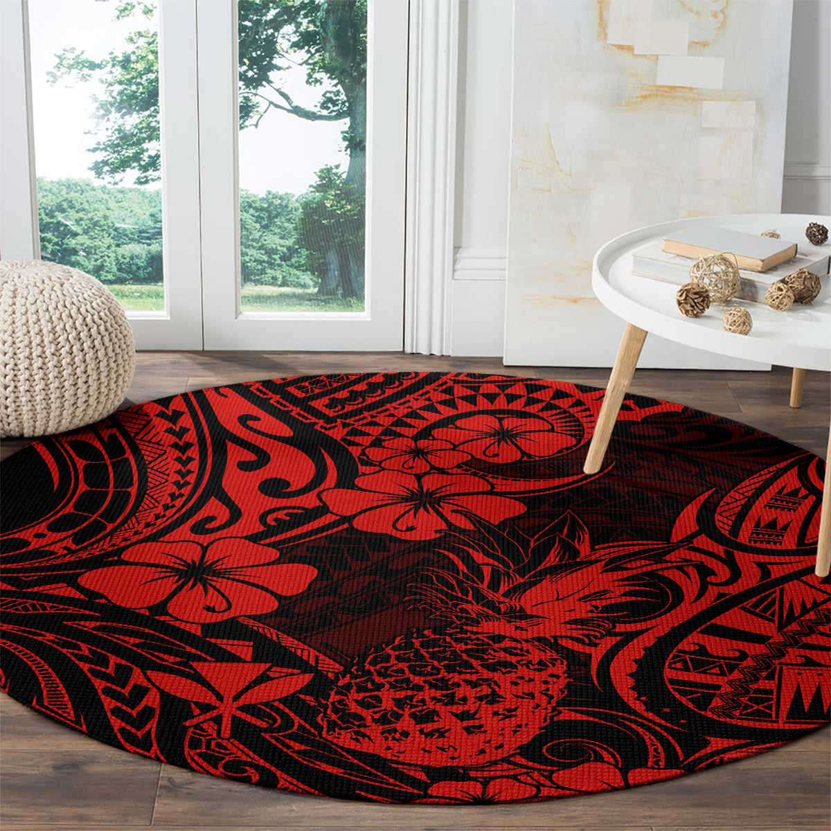 Red and black round rug with pineapple floral and tribal wave pattern