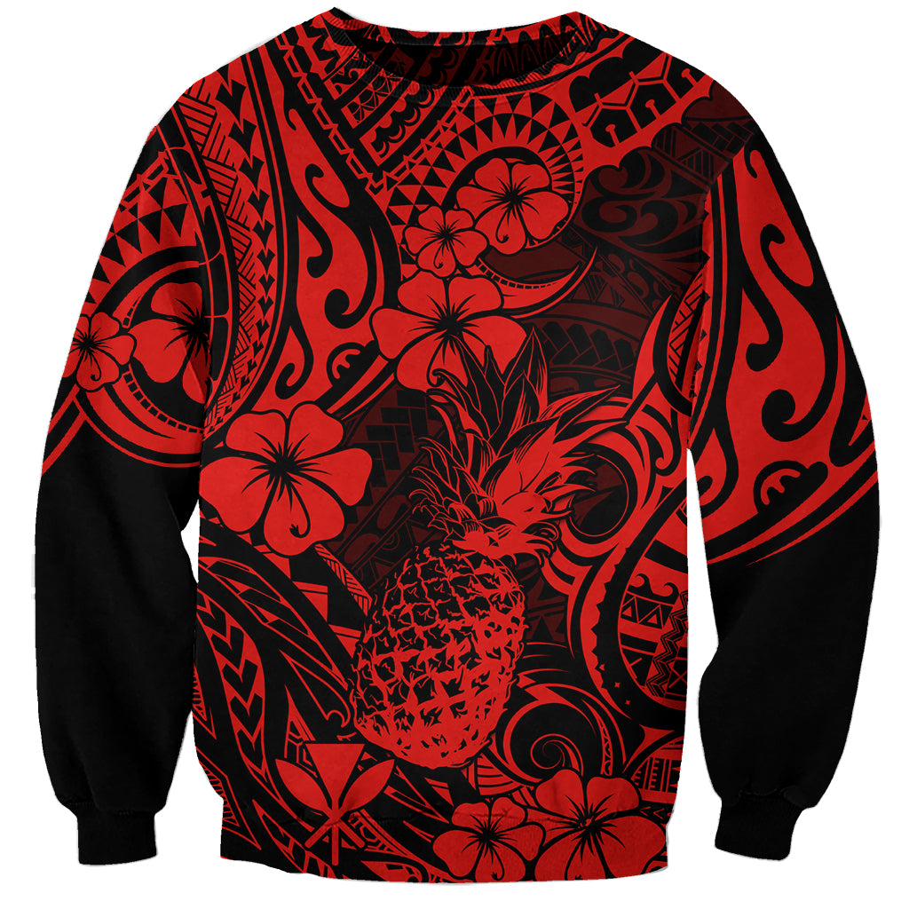 Red and black unisex sweatshirt with pineapple floral Polynesian pattern, long sleeves