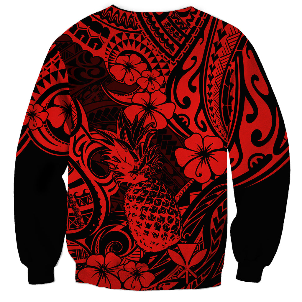Red and black unisex sweatshirt with centered pineapple floral Polynesian pattern, long sleeves