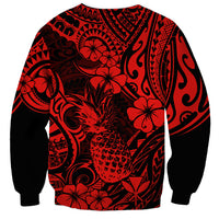Red and black unisex sweatshirt with centered pineapple floral Polynesian pattern, long sleeves
