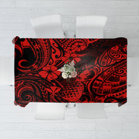 Red and black Polynesian tablecloth with pineapple and tribal pattern, rectangular.