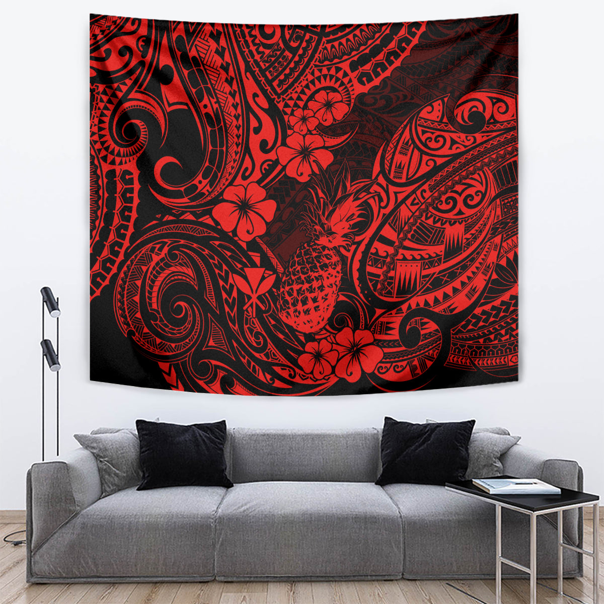 Red and black pineapple tapestry with dense Polynesian pattern of pineapple, flowers, and waves