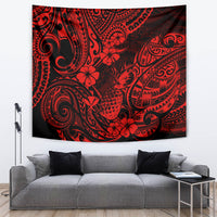 Red and black pineapple tapestry with dense Polynesian pattern of pineapple, flowers, and waves