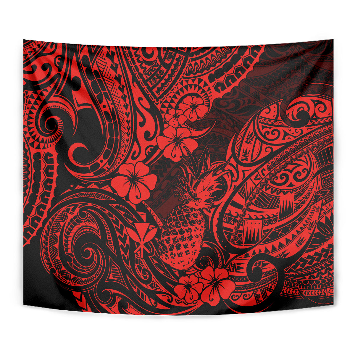 Red and black pineapple tapestry close-up with carved swirls, floral shapes, and tiki motifs