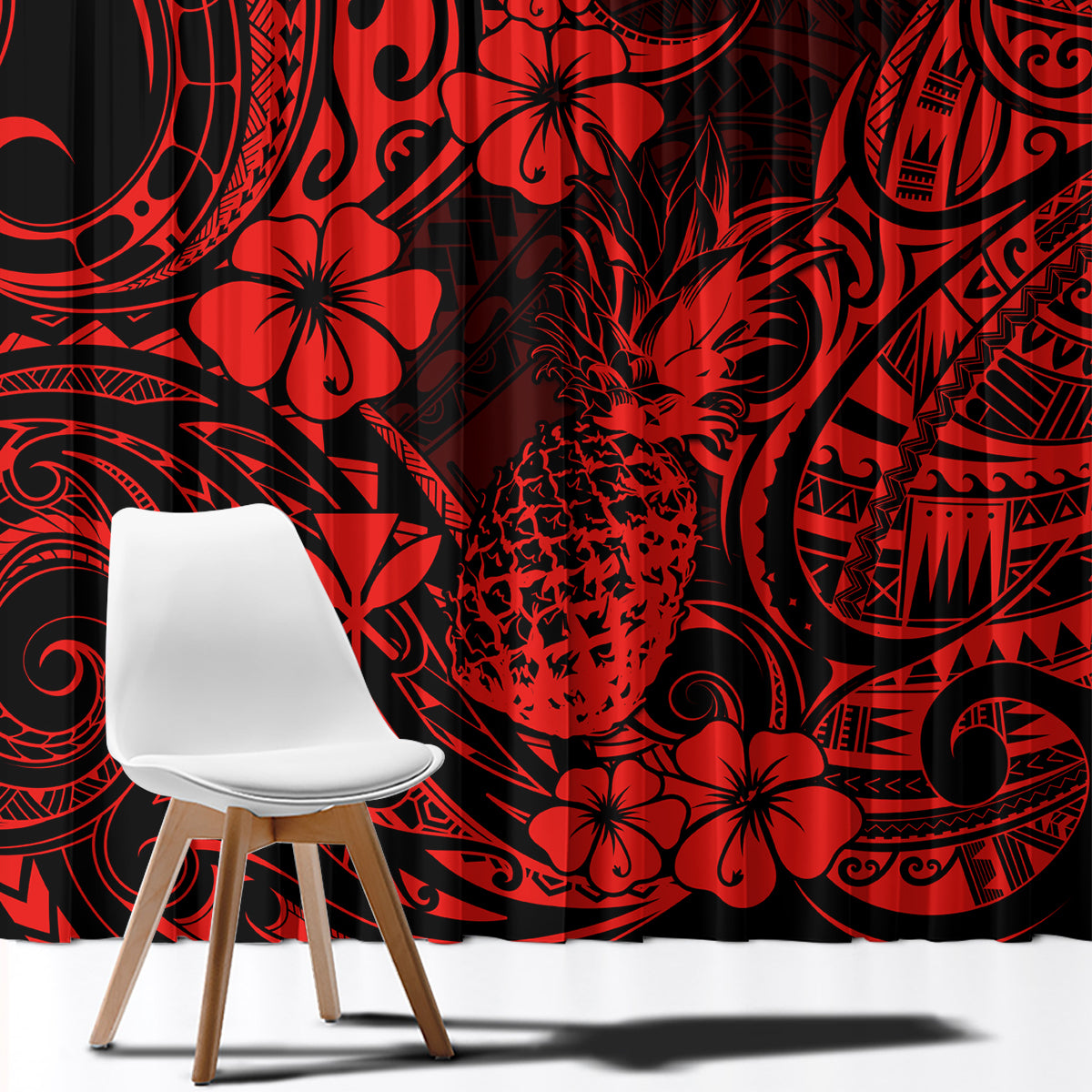 Red and black curtain fabric with intricate Polynesian-style swirls and floral motifs