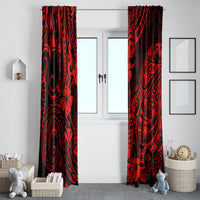 Pair of red and black Polynesian-pattern window curtains with hanging top headings