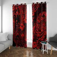Red and black window curtain panels with intricate Polynesian pattern and floral details
