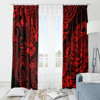 Red and black Polynesian pattern window curtain panels with matching decorative swirls