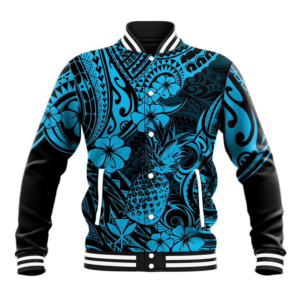 Unisex blue tropical pineapple baseball jacket with black sleeves, button front and rib trim