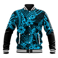 Unisex blue tropical pineapple baseball jacket with black sleeves, button front and rib trim