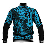 Unisex blue tropical pineapple baseball jacket, black striped ribbed collar and cuffs