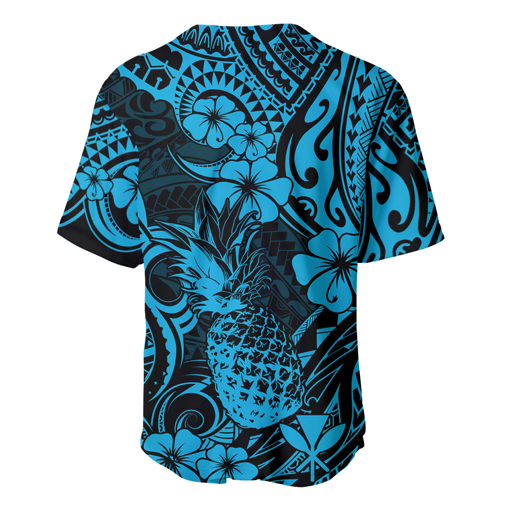 Blue baseball jersey back view with black pineapple and floral tropical allover print