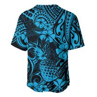 Blue baseball jersey back view with black pineapple and floral tropical allover print