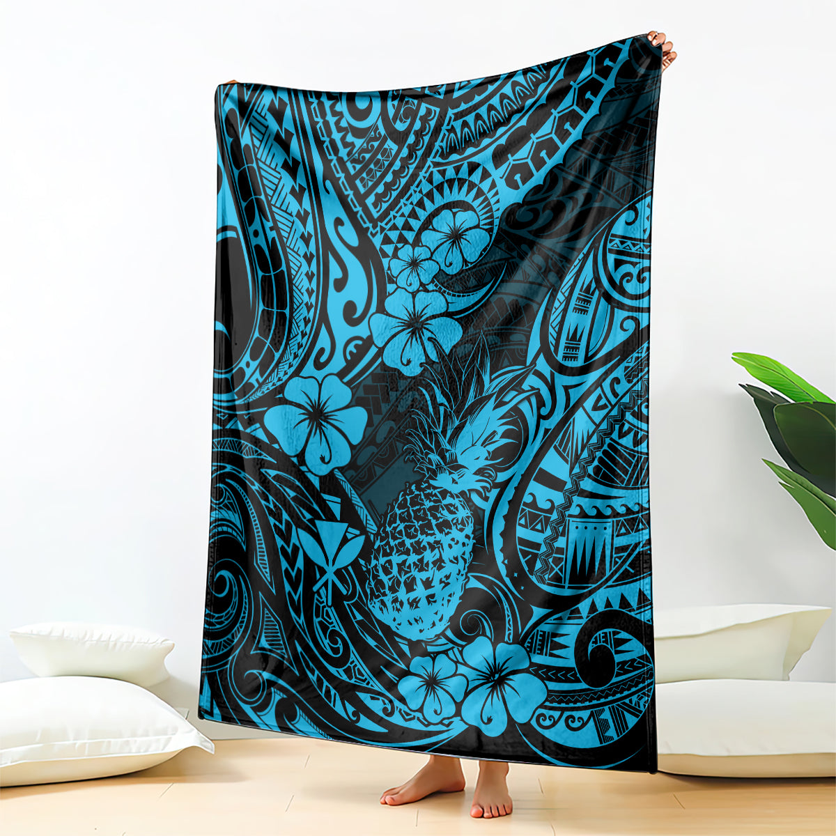 Sky blue pineapple and hibiscus patterned blanket, Polynesian-inspired design