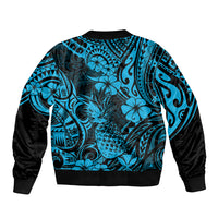 Unisex bomber jacket with bold blue tropical pineapple and hibiscus print, ribbed hem
