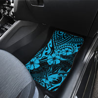 Front car floor mat with sky blue hibiscus and Polynesian swirl pattern on dark backing