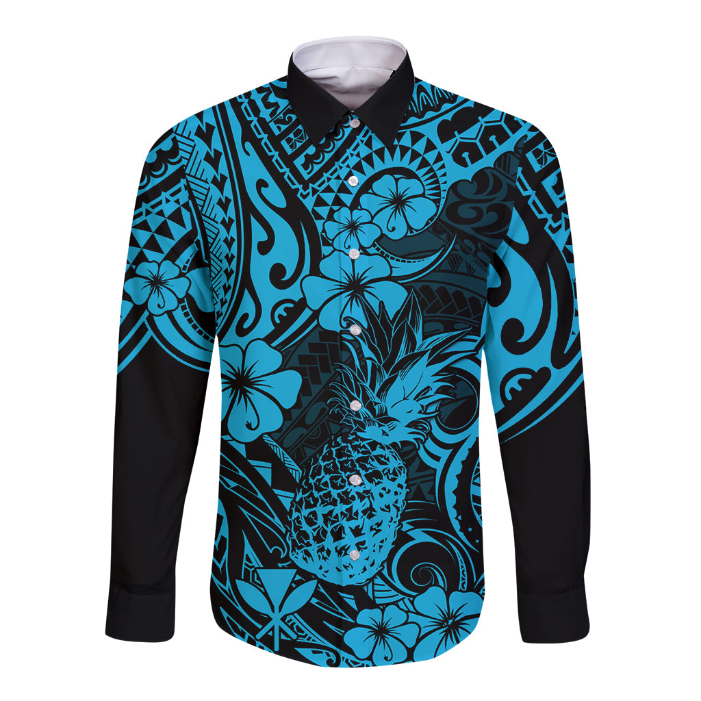 Sky blue long-sleeve button shirt with pineapple floral Polynesian print, black sleeves