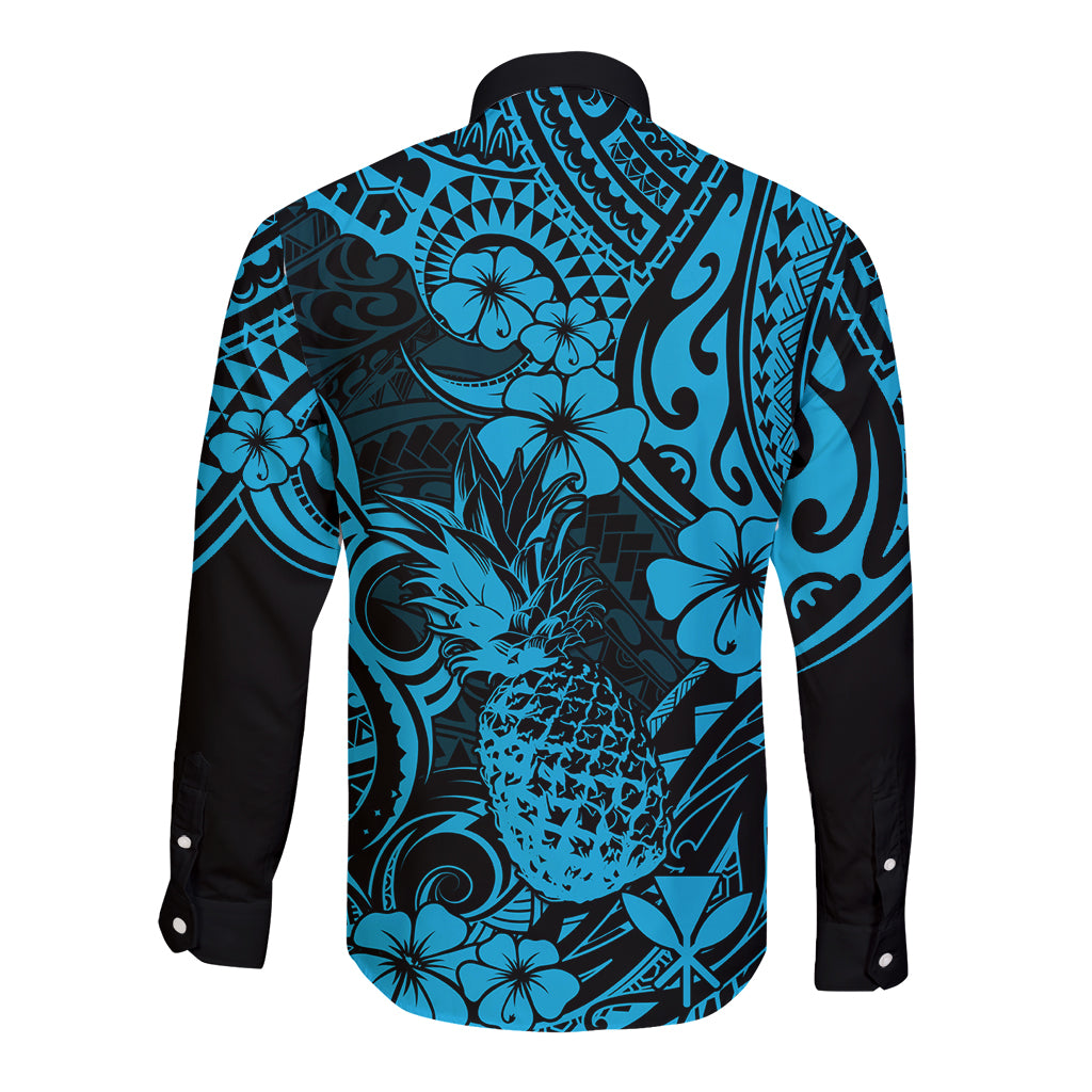 Back view long-sleeve button shirt with sky blue pineapple floral Polynesian print, black cuffs