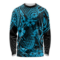 Unisex long-sleeve shirt in sky blue with black tropical pineapple and hibiscus print