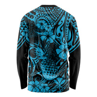 Unisex long-sleeve shirt back in sky blue with black tropical pineapple and floral print