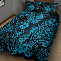 Blue and black quilt bed set with bold tropical swirls and flowers, two pillowcases