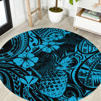 Round Polynesian pineapple pattern area rug in sky blue and dark navy
