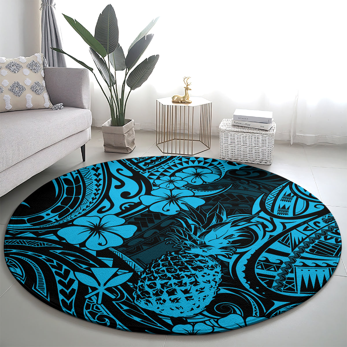 Round pineapple-themed Polynesian pattern area rug, sky blue on dark navy