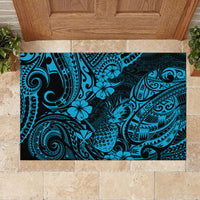 Rectangular blue rubber doormat with pineapple center and ornate Polynesian design