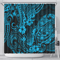 Blue shower curtain with large Polynesian pineapple floral design, teal and dark details