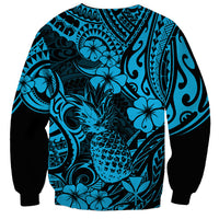 Unisex crewneck sweatshirt, sky-blue pineapple centerpiece with tribal waves and florals