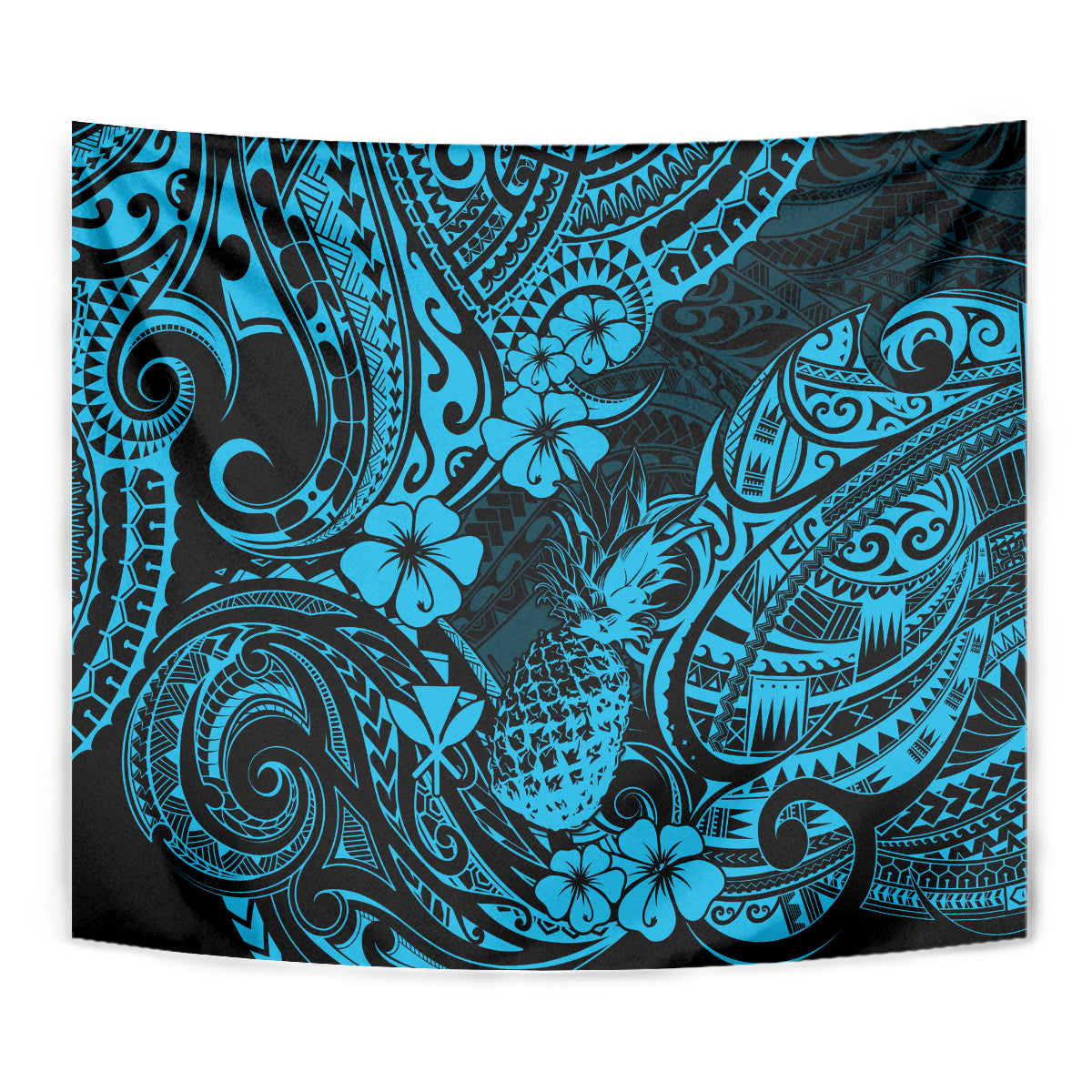 Sky-blue pineapple tapestry close-up with detailed Polynesian swirl, tiki, and flower motifs