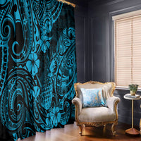 Blue tropical pineapple window curtain with Polynesian motifs, hanging over a corner window.
