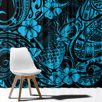 Blue Polynesian pineapple window curtain fabric with bold ornamental floral swirl patterns.
