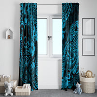 Blue Polynesian pineapple window curtain panels framing a front door with matching patterns.