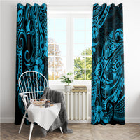 Blue pair of Polynesian pineapple curtains with swirling ornament and flower designs.