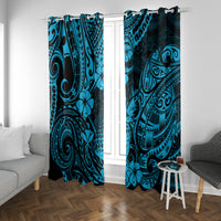 Blue window curtain panels with Polynesian pineapple motifs, hung on a rod above doors.