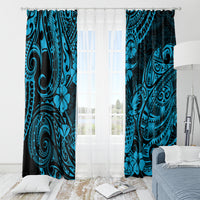 Blue Polynesian pineapple window curtains with bold swirl and floral ornamental pattern on rod.